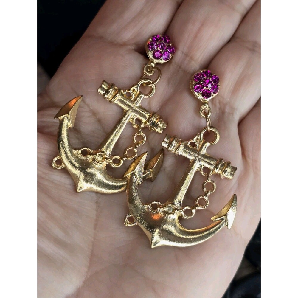 Gold Tone Anchor Dangle Earrings Nautical Pink Rhinestone Stud Statement #472